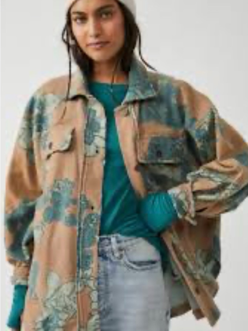 FREE PEOPLE Size XL RUBY Blue Tan Floral Oversized Button Up Shacket Boho Fall